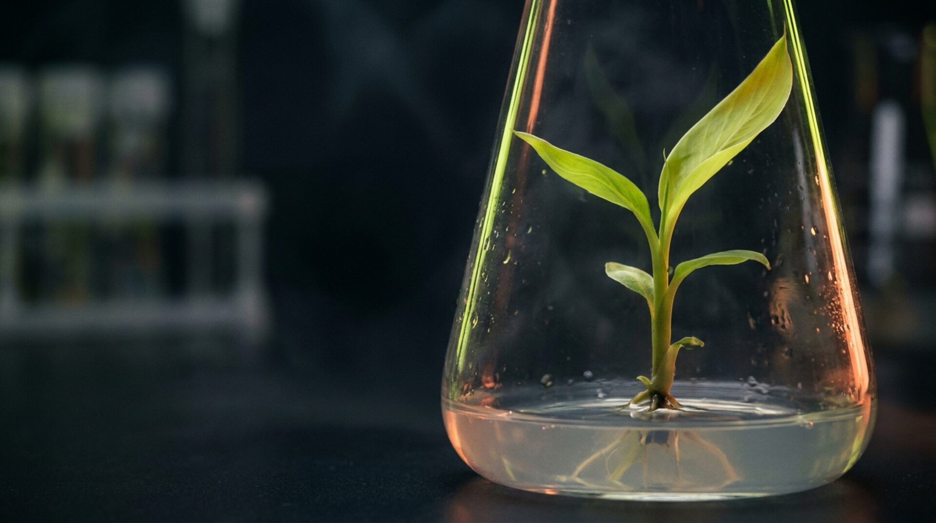 Plántula de banano en cultivo in vitro dentro de un matraz de vidrio en laboratorio