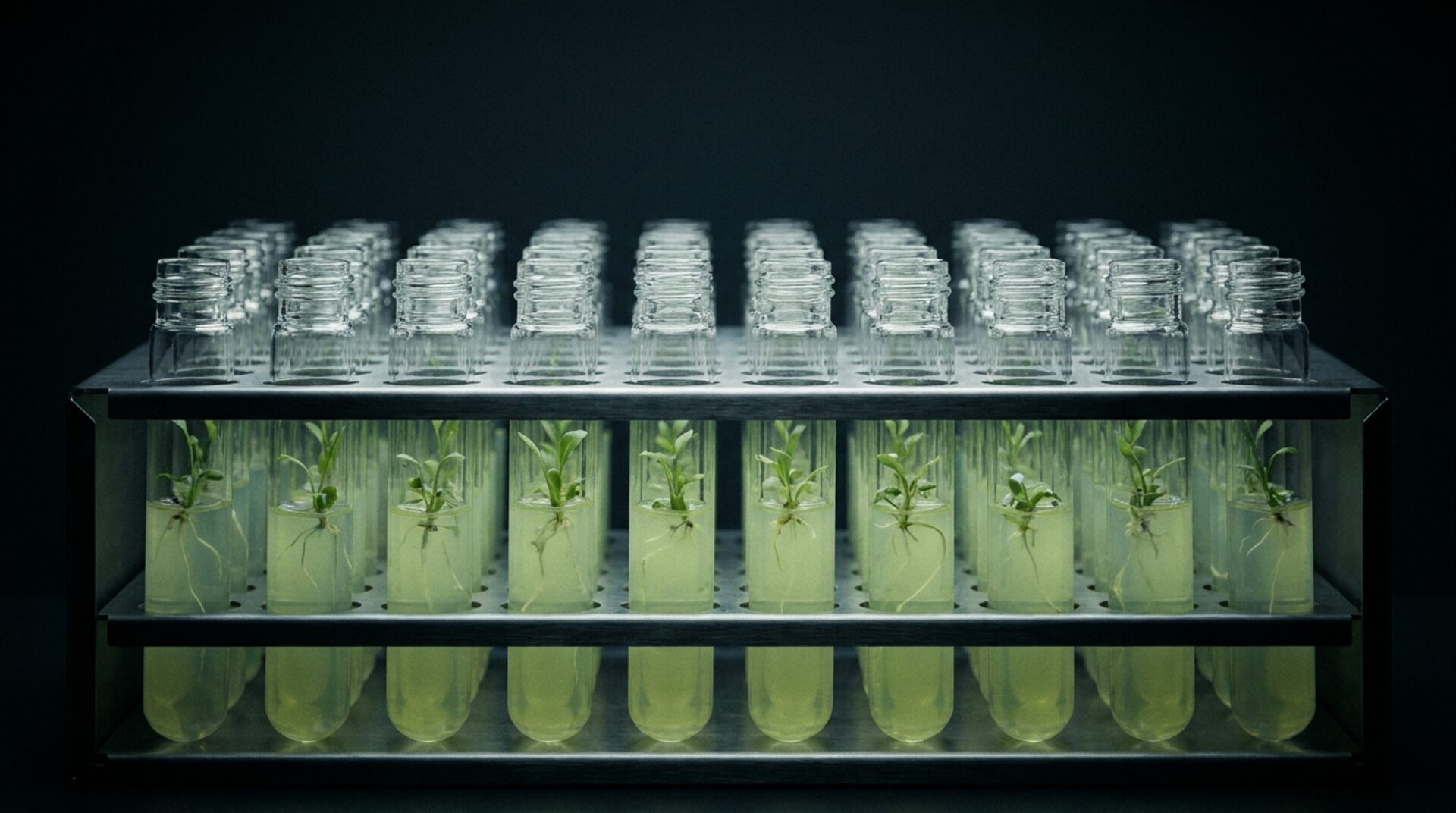 Rack de tubos de cultivo in vitro con plántulas en medio de agar